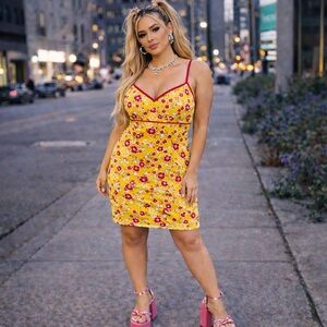 VTG 90s Water Girl Yellow Red  Floral Print Adjustable Strap Summer Dress Sz 6